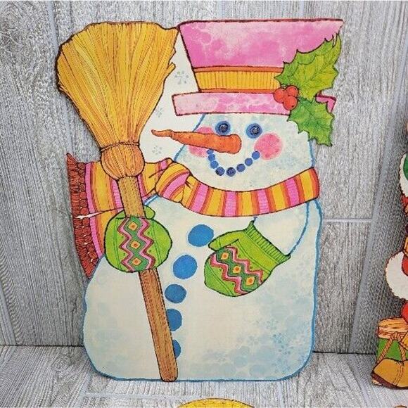 Vintage Christmas Diecut 2 Sided Wall Window Snowman Angel Santa Stocking 4pc - Picture 3 of 11